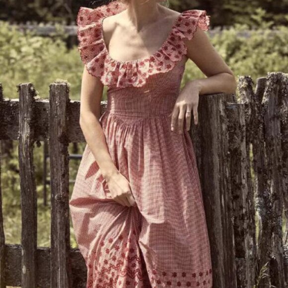 Doen Liesel Cherry Red Paris Gingham eyelet dress, Size M - Picture 2 of 10